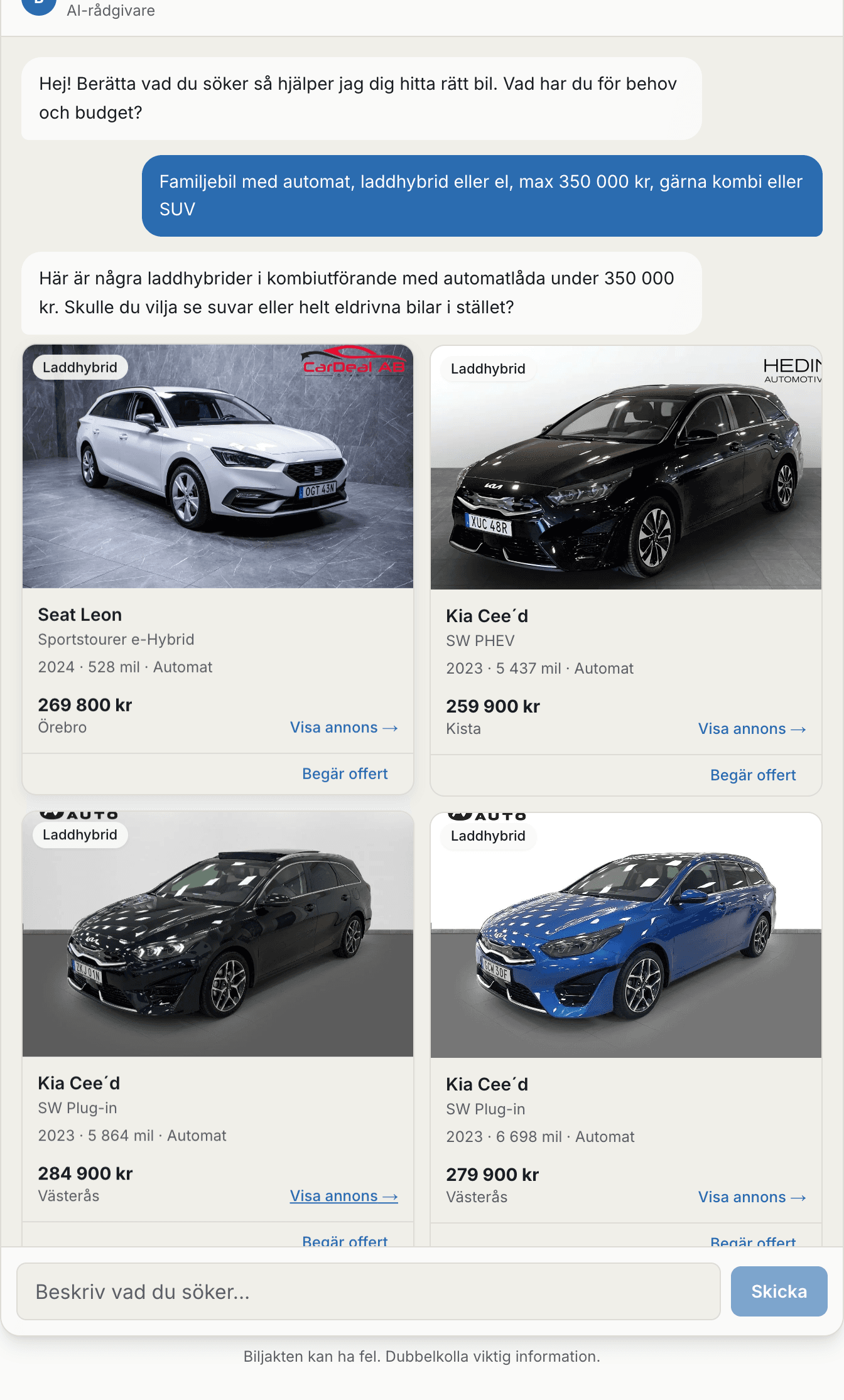 Biljakten visar annonser efter att en köpare beskrivit vad han söker